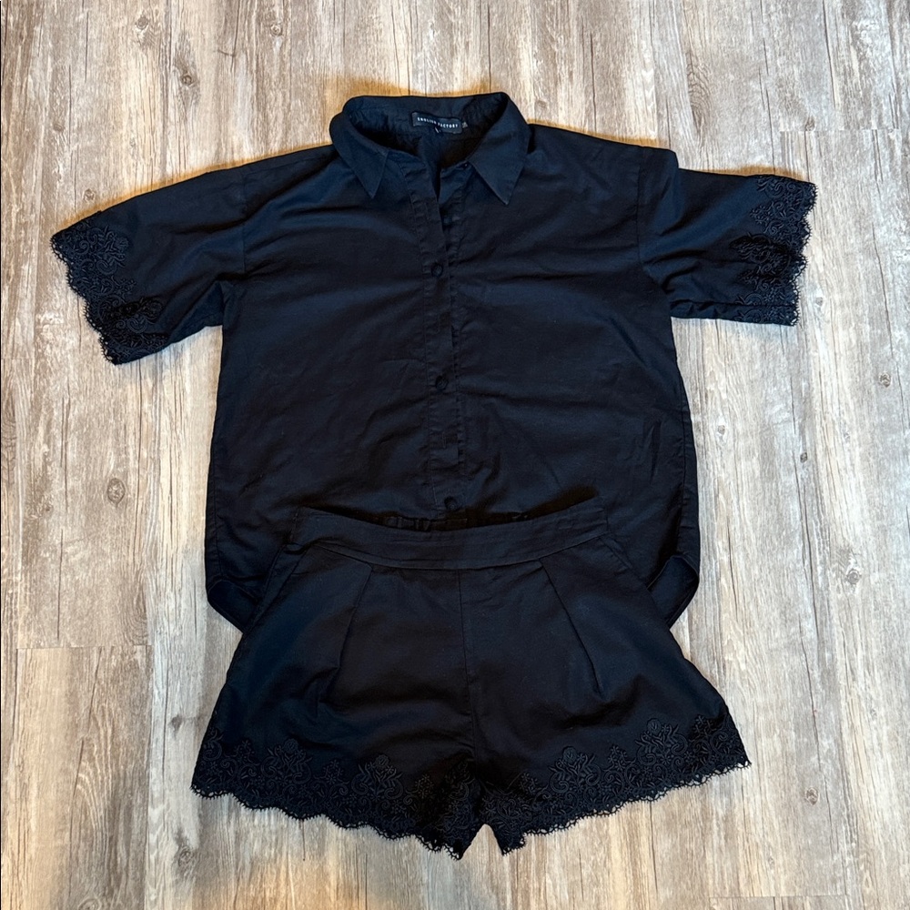 English Factory Embroidered Black Lace Trim Linen Shirt and Shorts Set
